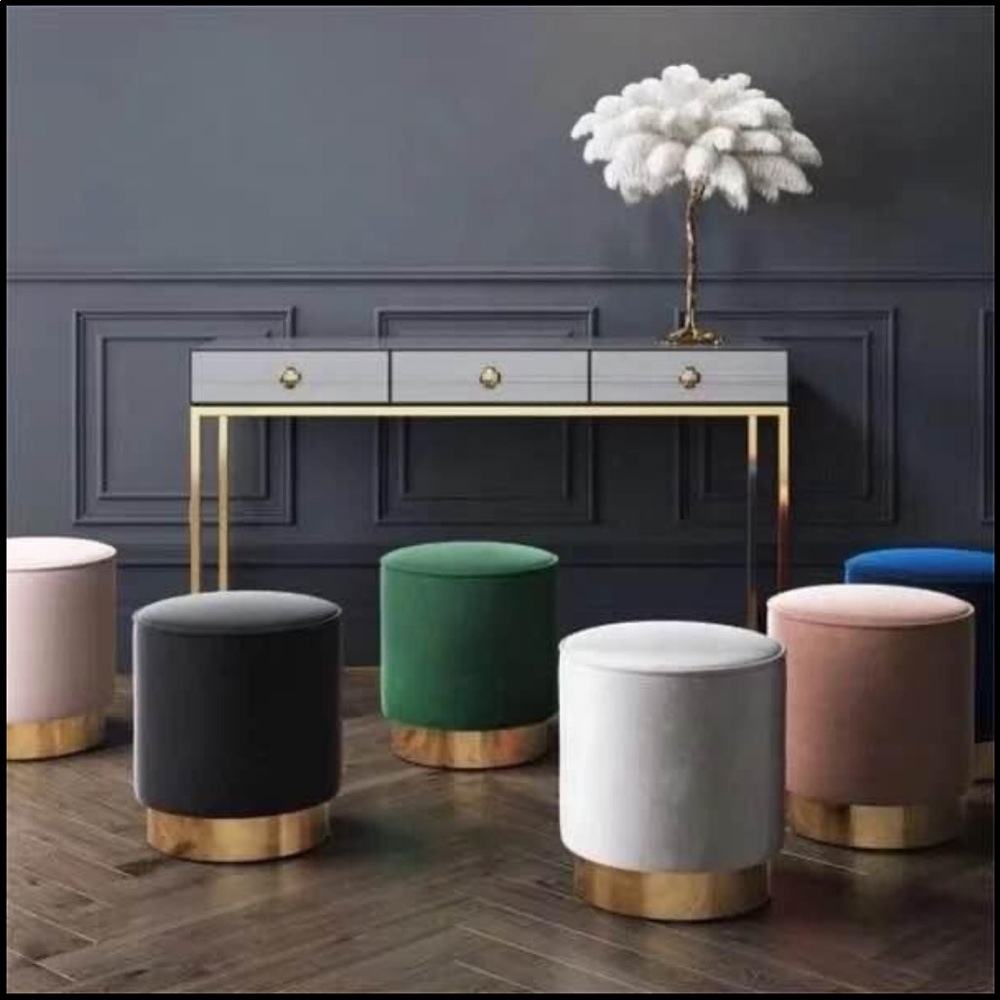 Velvet ottoman stool bench gold brass base modern